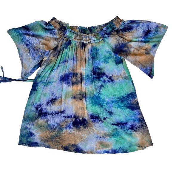 NEW Off Shoulder Tie Dye Dress Women Medium Tunic Blue Green Bell Sleeve Country - Picture 12 of 16